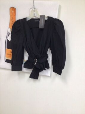 Trendyol  Black Puff-Sleeve Wrap Top with Belt NWT